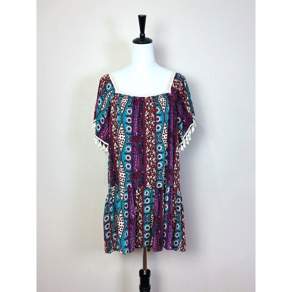 Umgee Patchwork Cottagecore Fringe Tiered‎ Flare Sleeve Dress Size Medium Boho